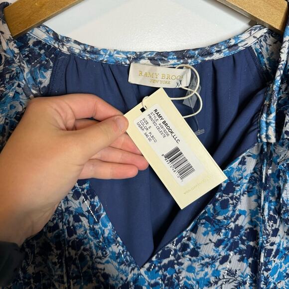 NWT Ramy Brook Celeste Blue Floral Printed Tassel Ruffle Sheer Blouse Size Small - Picture 7 of 11